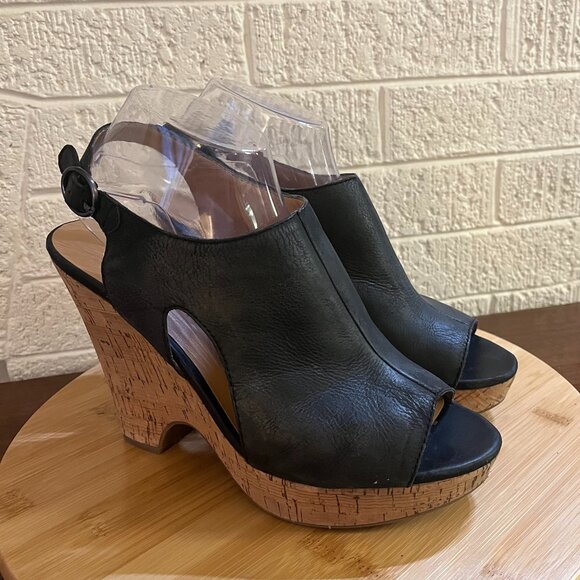 Franco Sarto Shoes - Franco Sarto Gabriel Black Peep Toe Leather Slingback Cork Heel Size 9.5